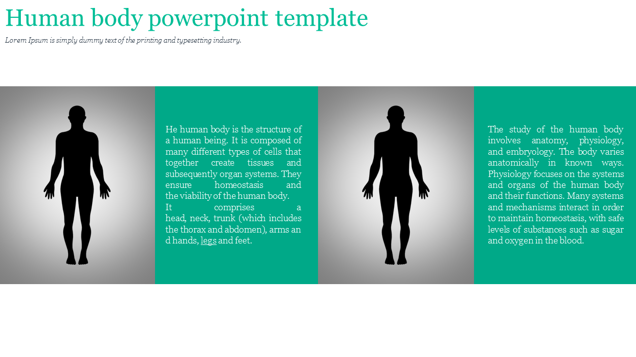 Human body PowerPoint template with silhouette figures and descriptions of anatomy and physiology.