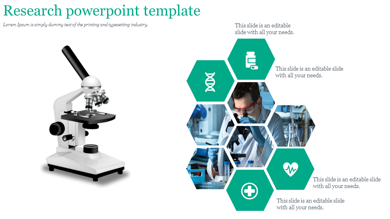 Slide featuring a research microscope on the left and a hexagonal collage of research related images on the right.