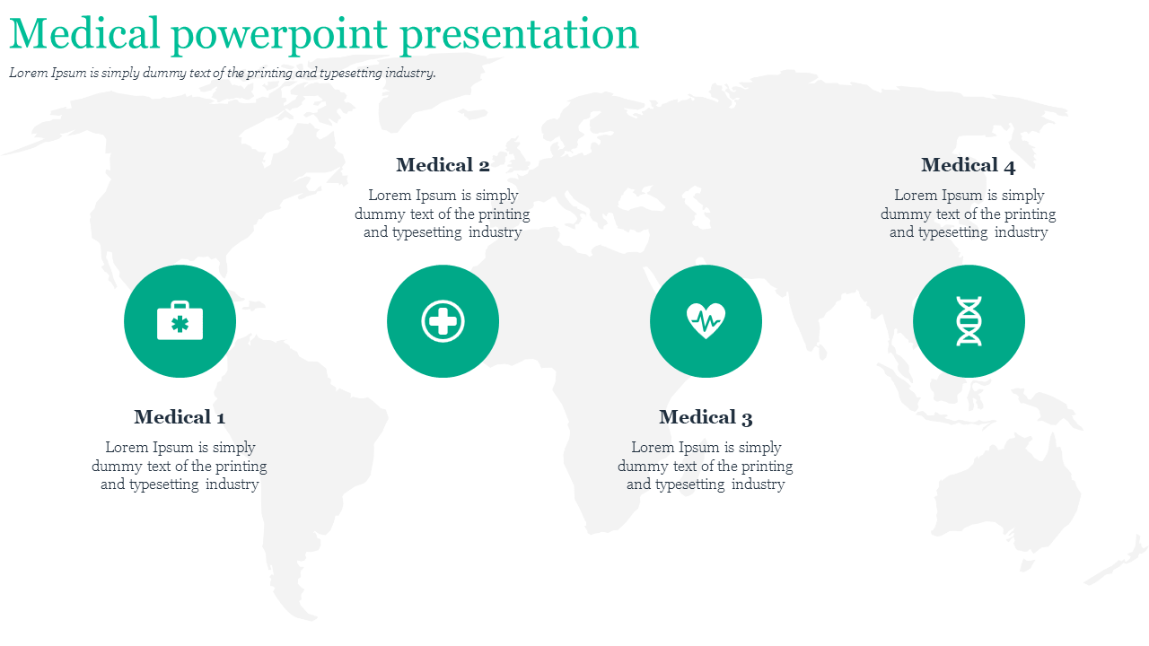 Global-themed slide featuring four green medical icons with captions, positioned on a light world map background.