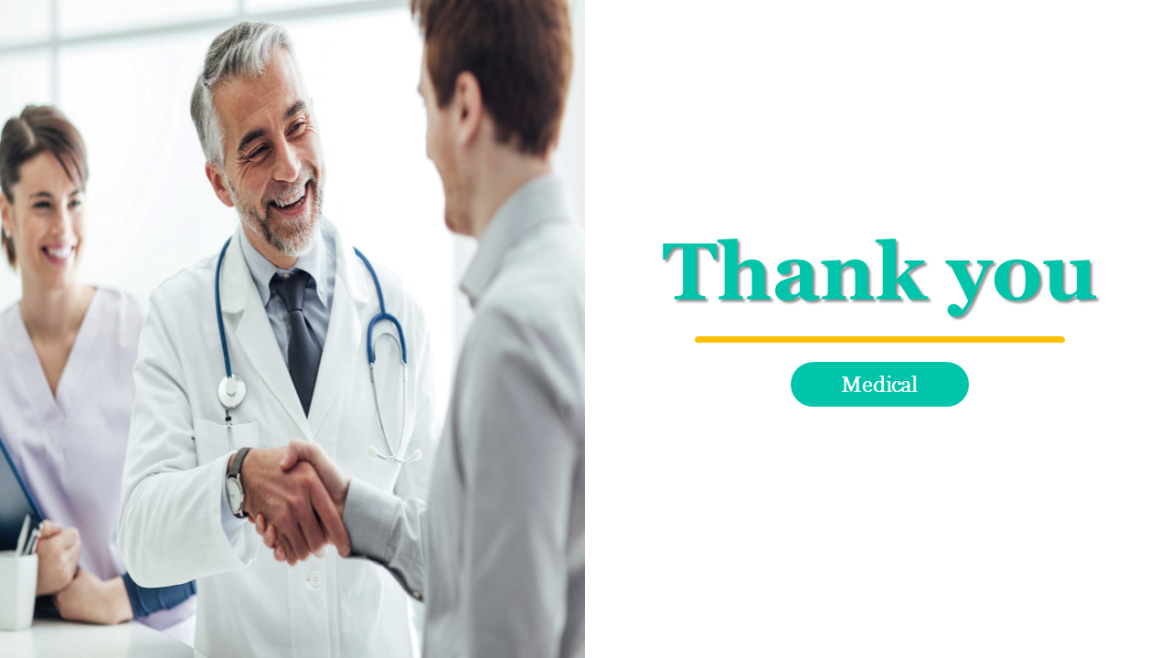 Thank you slide featuring a smiling doctor shaking hands with a patient and a medical theme text.