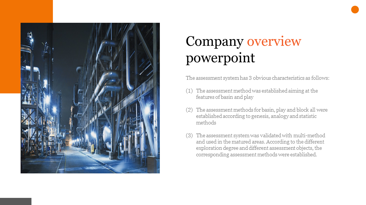 Company overview slide with industrial piping infrastructure on the left and text on a white background.