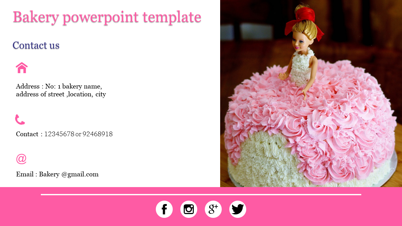 Bakery PowerPoint slide with contact details and pink cake decoration.