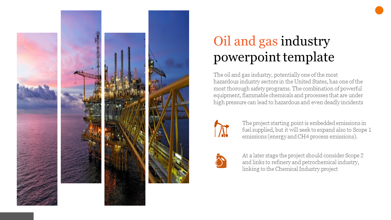 Vertical panels showing a rig platform at sunset, with text explaining oil and gas industry practices and safety.