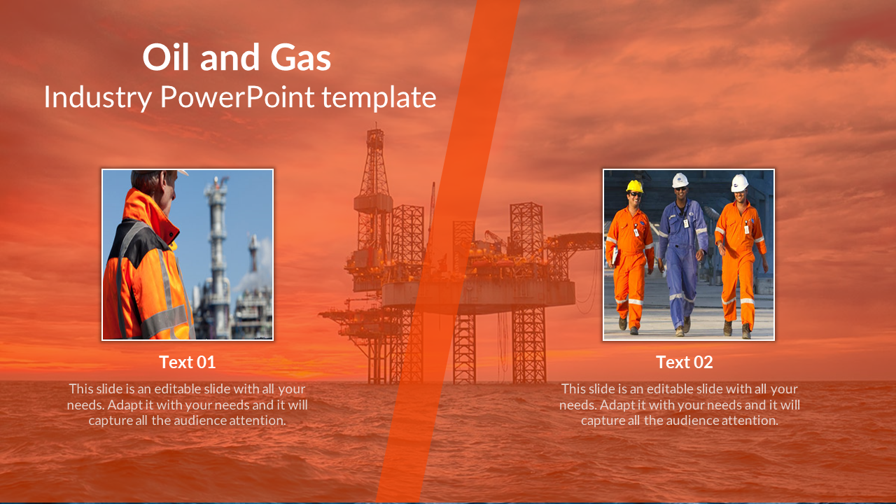 Slide highlighting with visuals of an oil and gas rig with professionals in protective clothing on an orange backdrop.