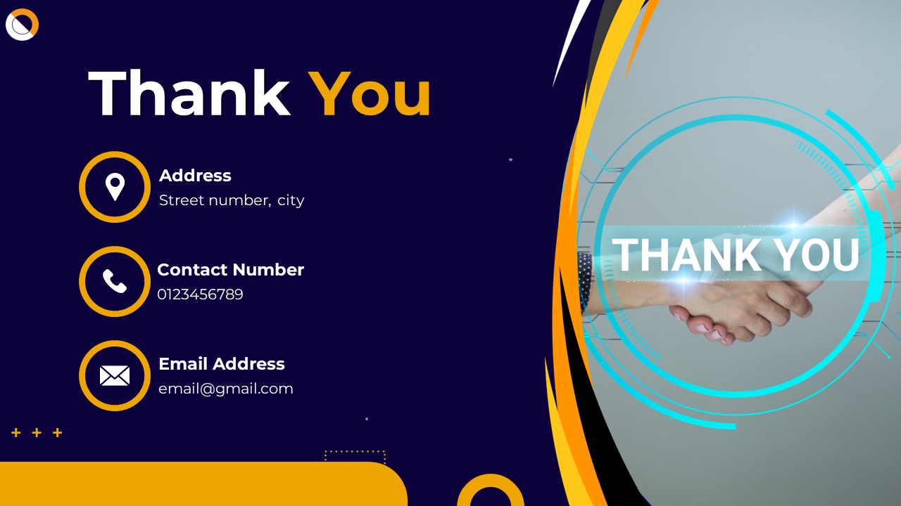 Thank you slide with contact details, a handshake image, and a modern blue and yellow design theme.