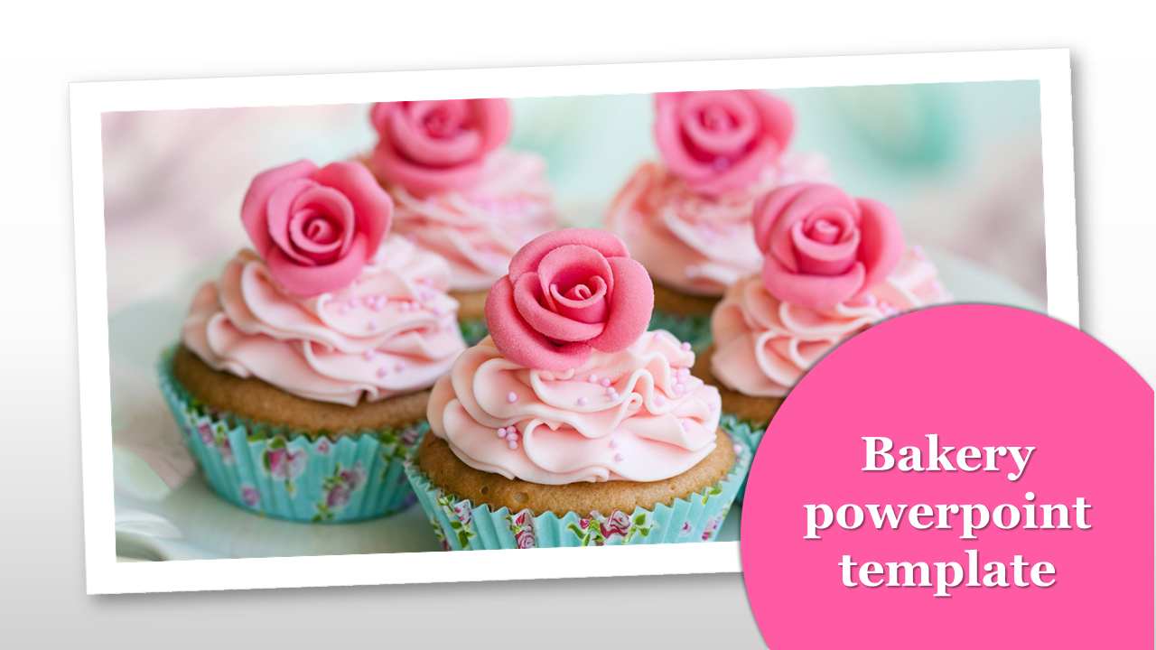 Delicious cupcakes topped with pink rose icing, showcasing a bakery themed design.