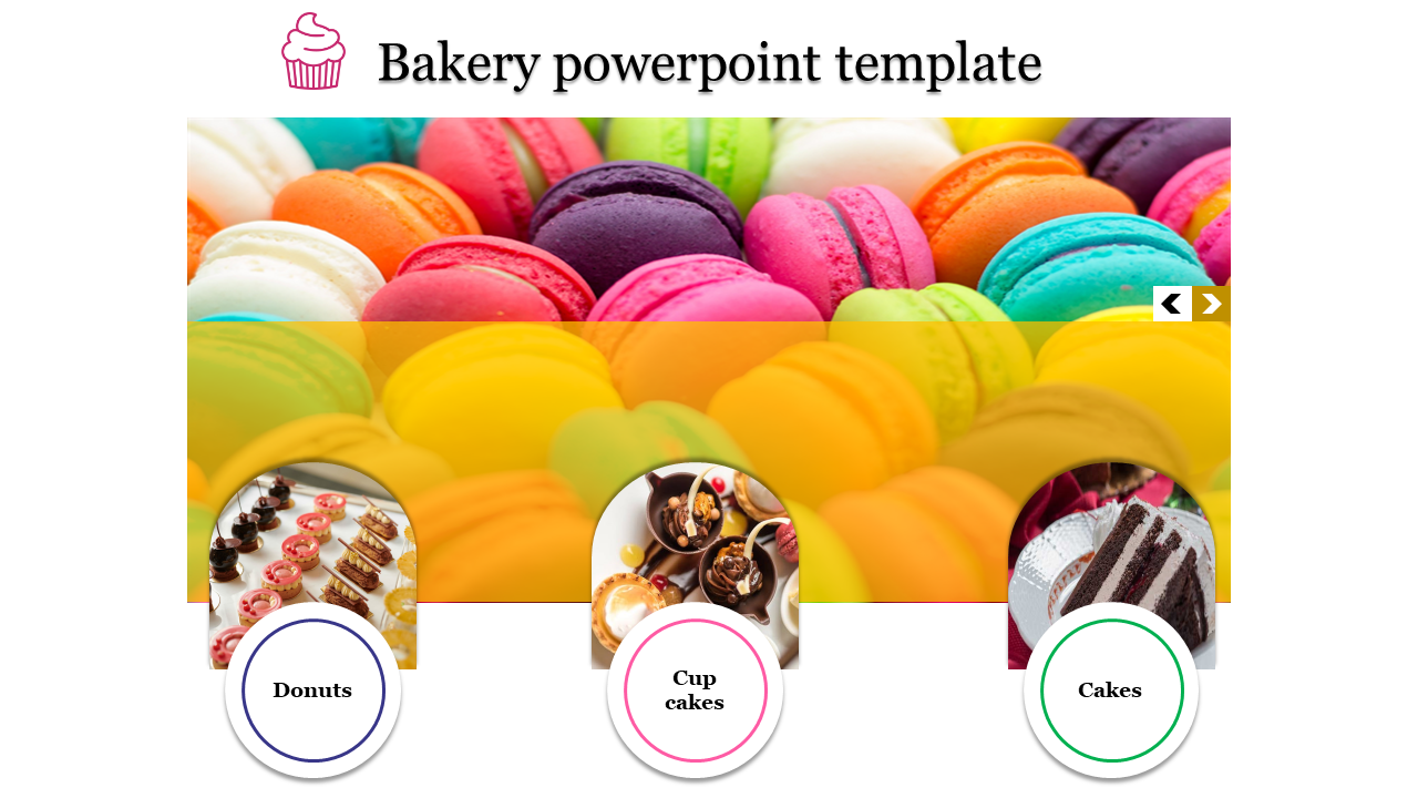 Bakery slide with colorful macarons as the background, featuring three circular sections for donuts, cupcakes, and cakes.