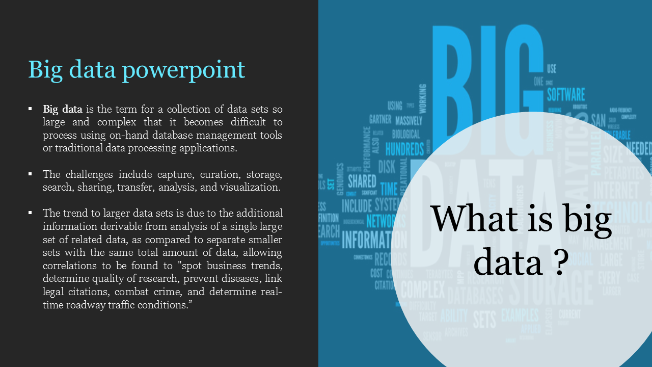 Big data PowerPoint slide explaining its definition, challenges, and trends, with a word cloud and the question.