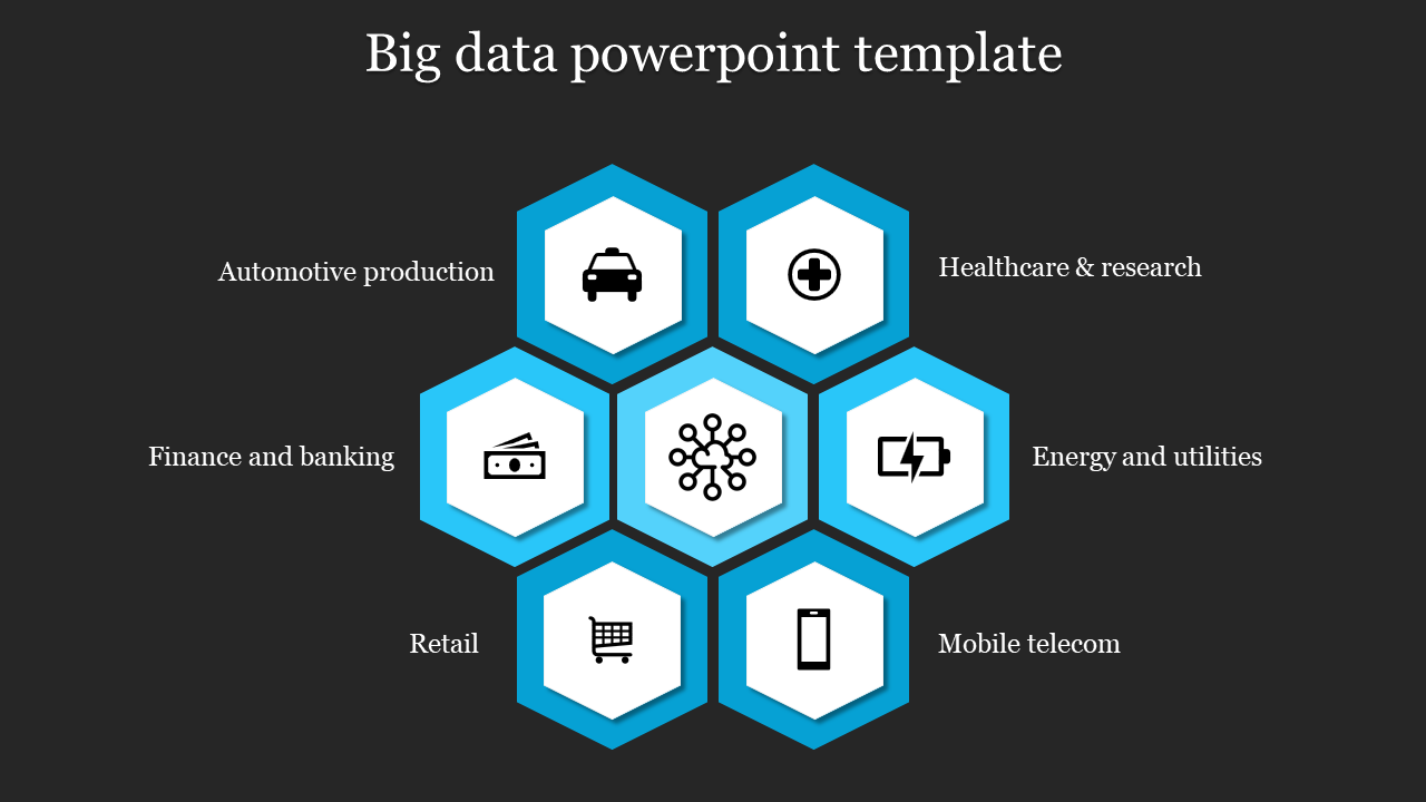 Big data slide featuring a hexagonal grid with icons representing various industries with icons on a dark backdrop.