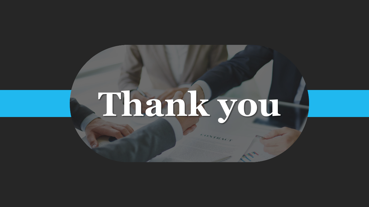 Thank you slide with a handshake image in the background and a sleek black and blue design.