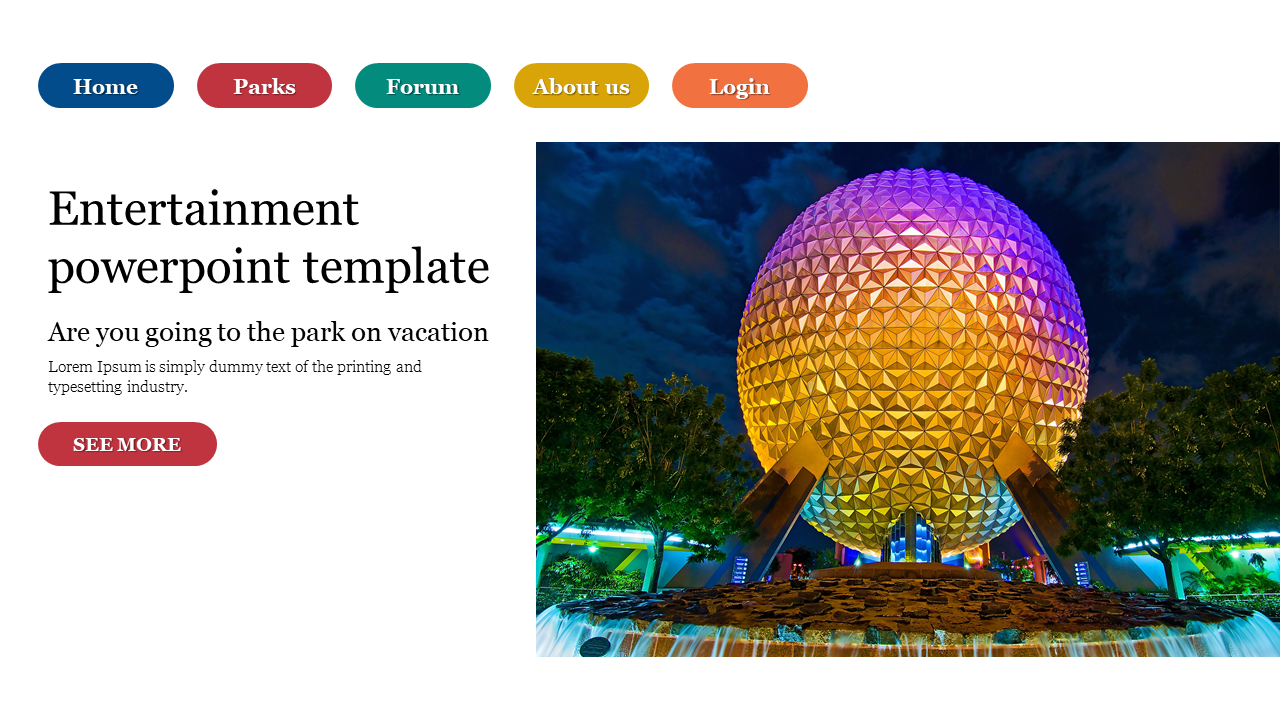 Entertainment template featuring a colorful theme park sphere on the right and navigation buttons at the top.