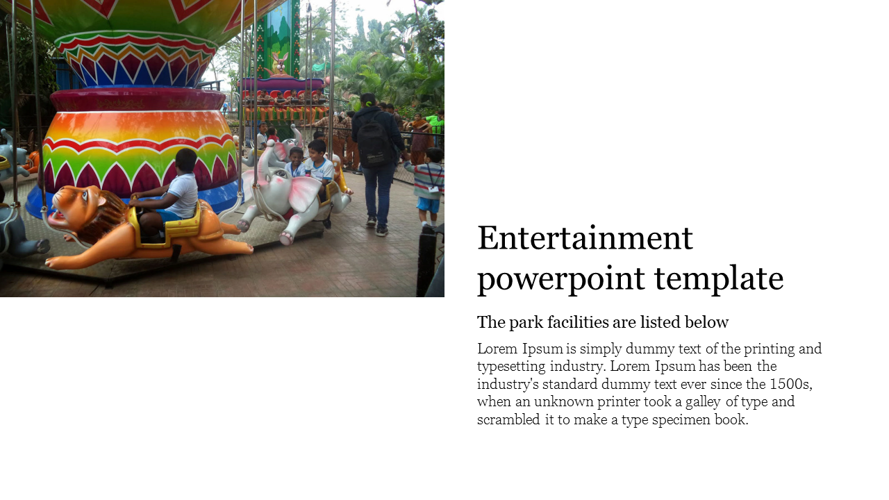 Slide featuring a photo of children on a vibrant carousel ride, paired with an entertainment themed text section.