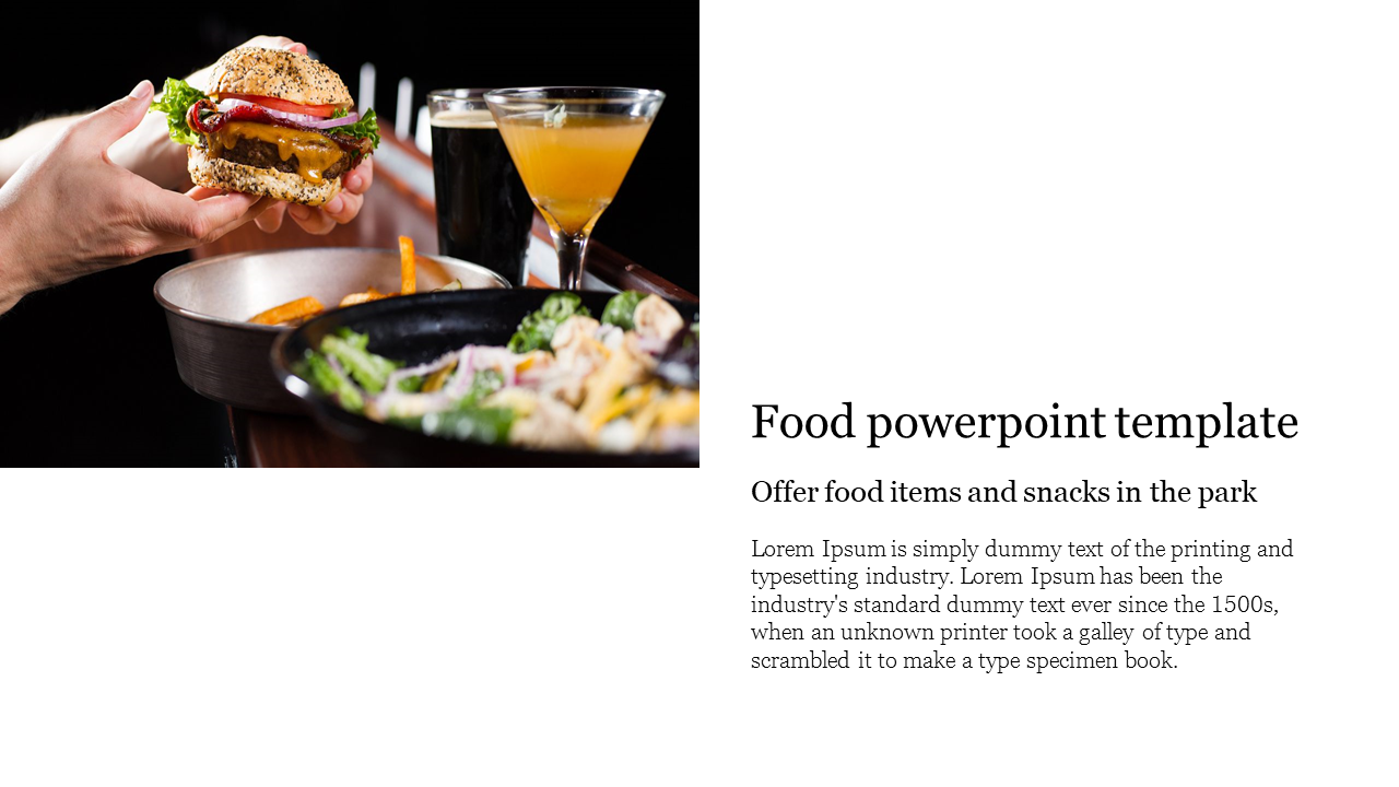 Food PowerPoint template showing a hand holding a burger with various side dishes and drinks with placeholder text.