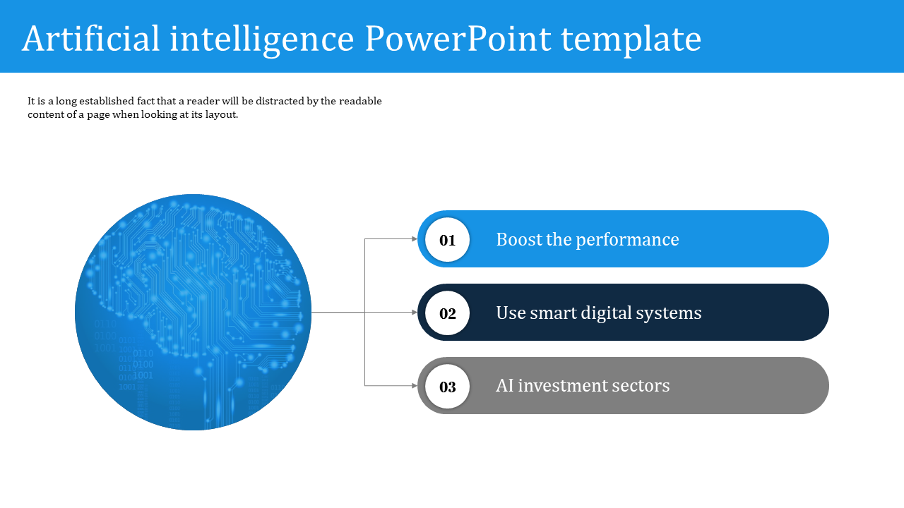 Artificial Intelligence slides with blue circuit brain graphic and steps for enhancing performance, systems, and investment.