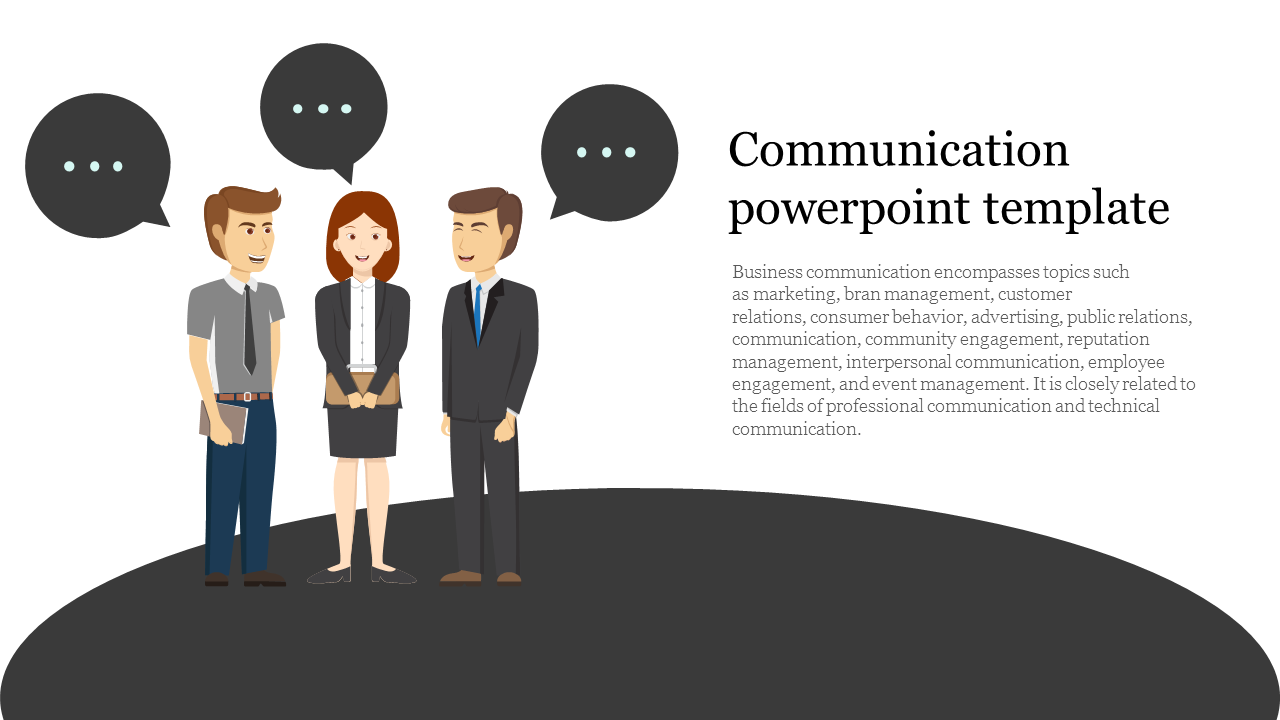 Communication slide with an illustration of three professionals having a conversation, with speech bubbles and text area.