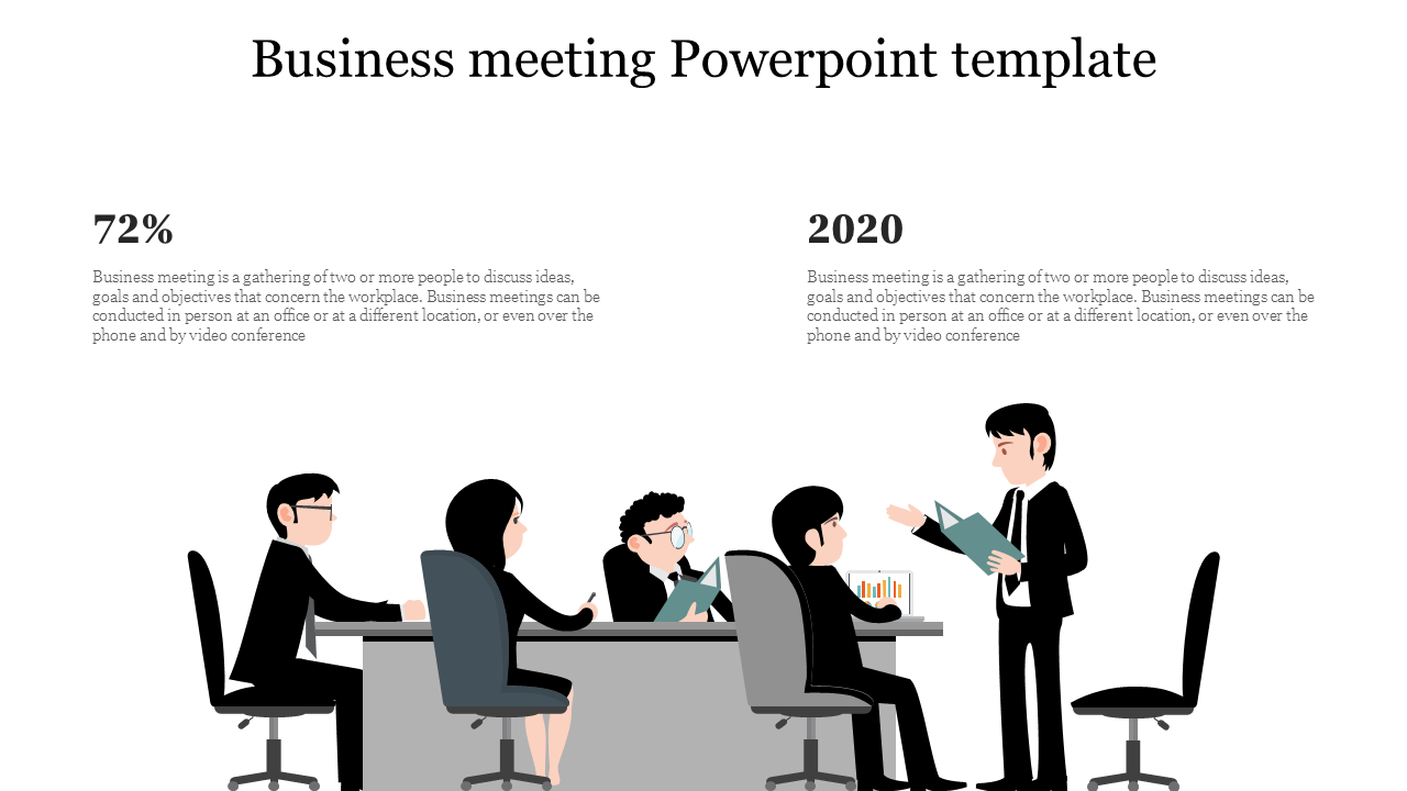 Illustration of a business team meeting around a table with a presenter holding documents, set on a white background.