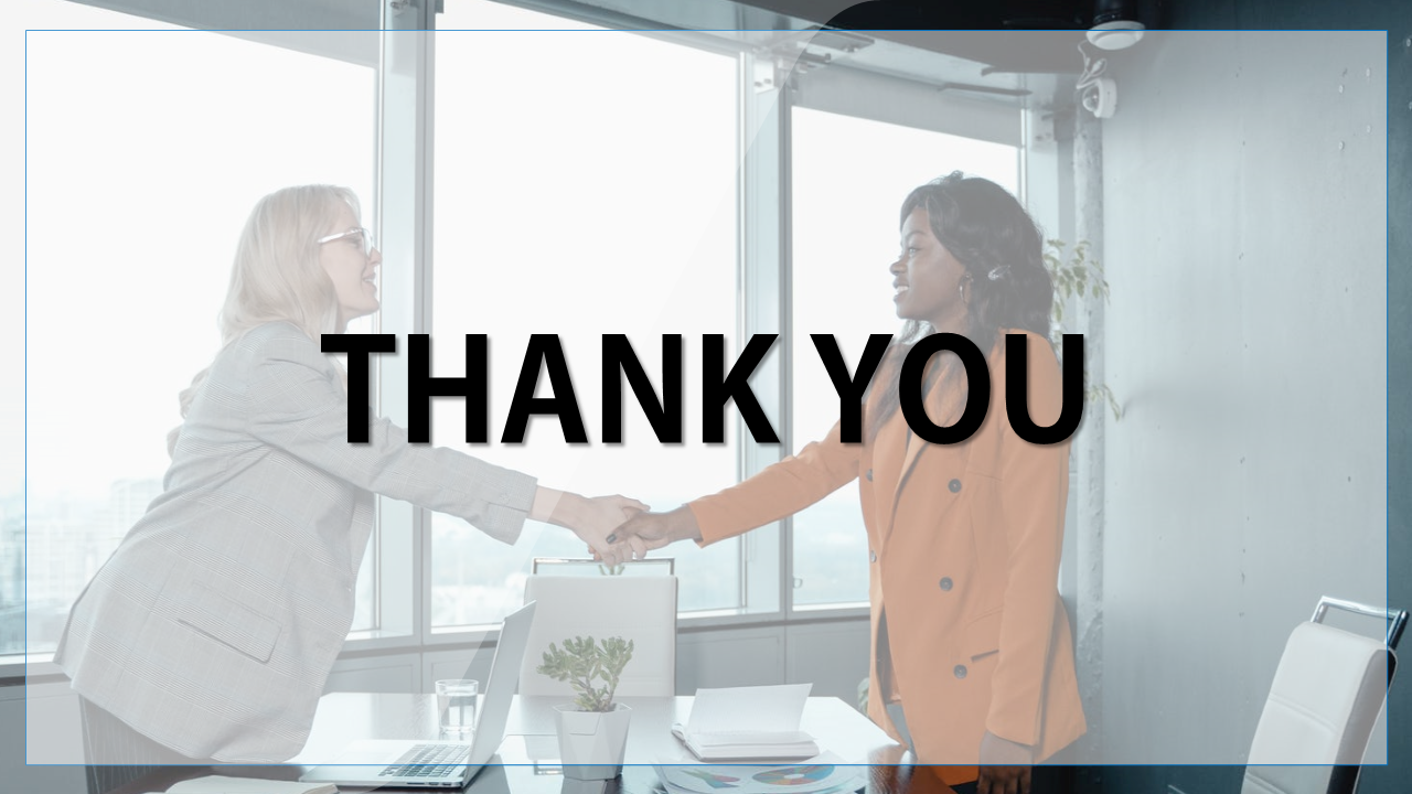 Professional thank you slide with a transparent overlay, featuring handshake image, and bold black text in an office setting.