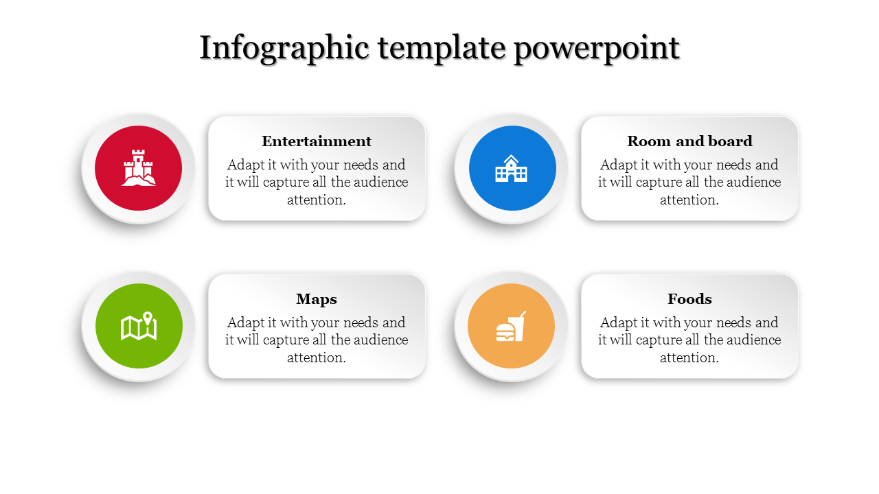 Infographic PowerPoint slide featuring four sections with icons for entertainment, room and board, maps, and foods.