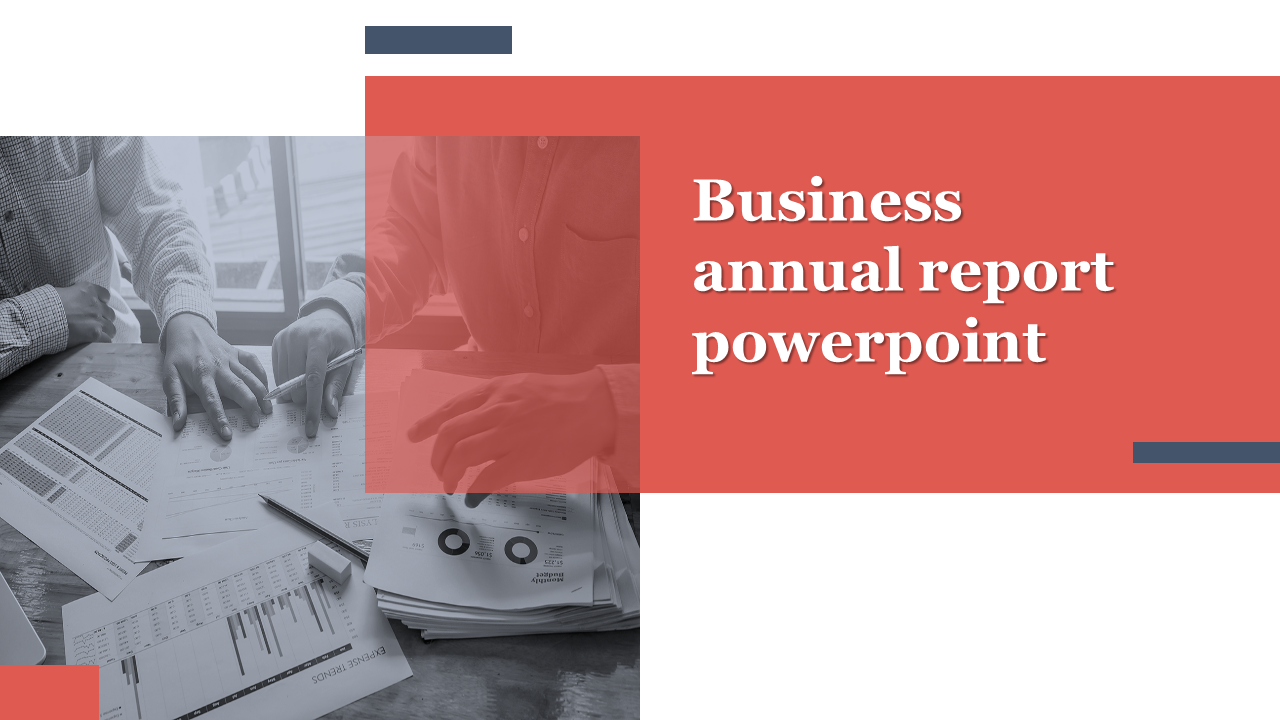 Business report cover with a rectangular box in  red overlay and professionals analyzing data on a table.