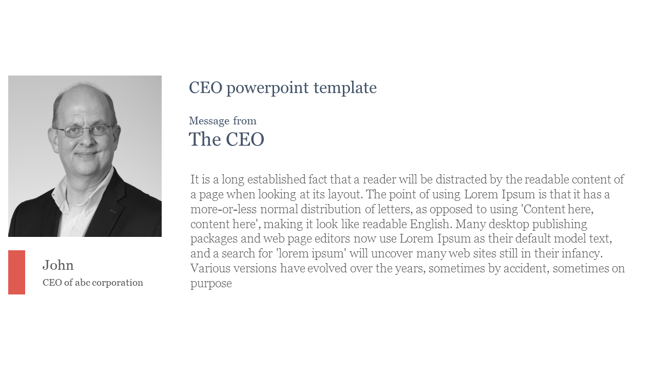 Slide layout with a portrait of John, labeled as the CEO, next to a message and placeholder text area.