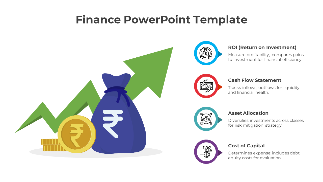 Finance template with a money bag, coins, and an upward arrow, alongside four financial metrics with icons.