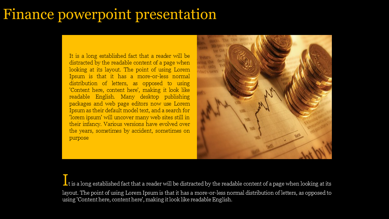 Finance slide with a yellow text box and an image of stacked coins over financial charts, on a black background.