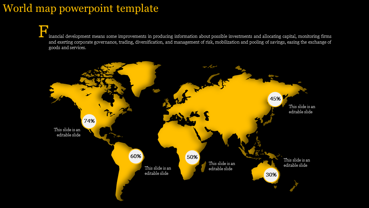 Slide with a yellow world map with continents highlighted in circular labels showing percentage data, on a black background.