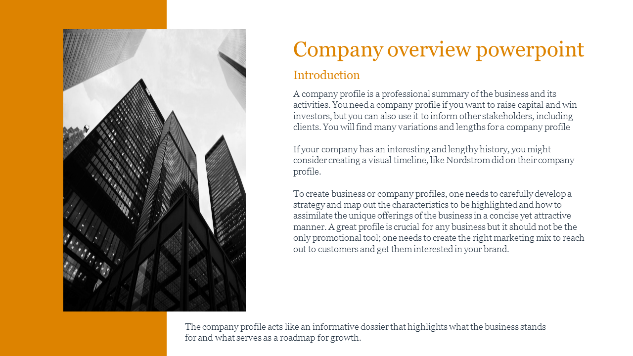 Slide featuring a split layout with an orange sidebar, grayscale cityscape, and company profile introduction.