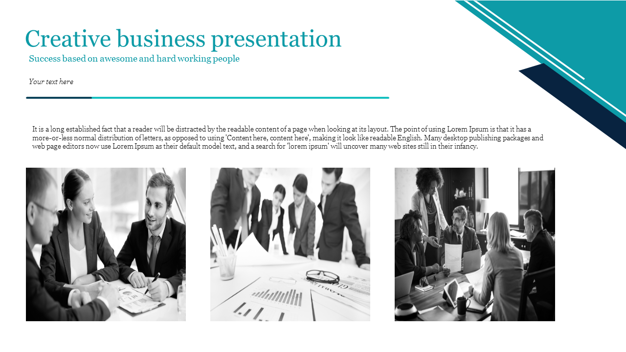 Business presentation slide featuring a teal and navy design with team collaboration photos and placeholder text for content.