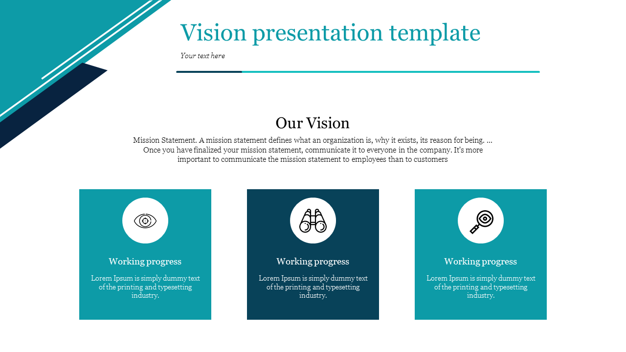 Template design for vision presentations, highlighting a mission statement and three working progress sections with icons.