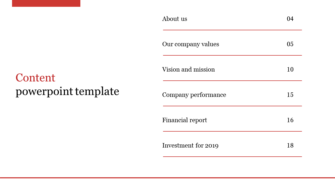 Content slide featuring left aligned heading and right aligned list with numbers and red lines, on a white background.