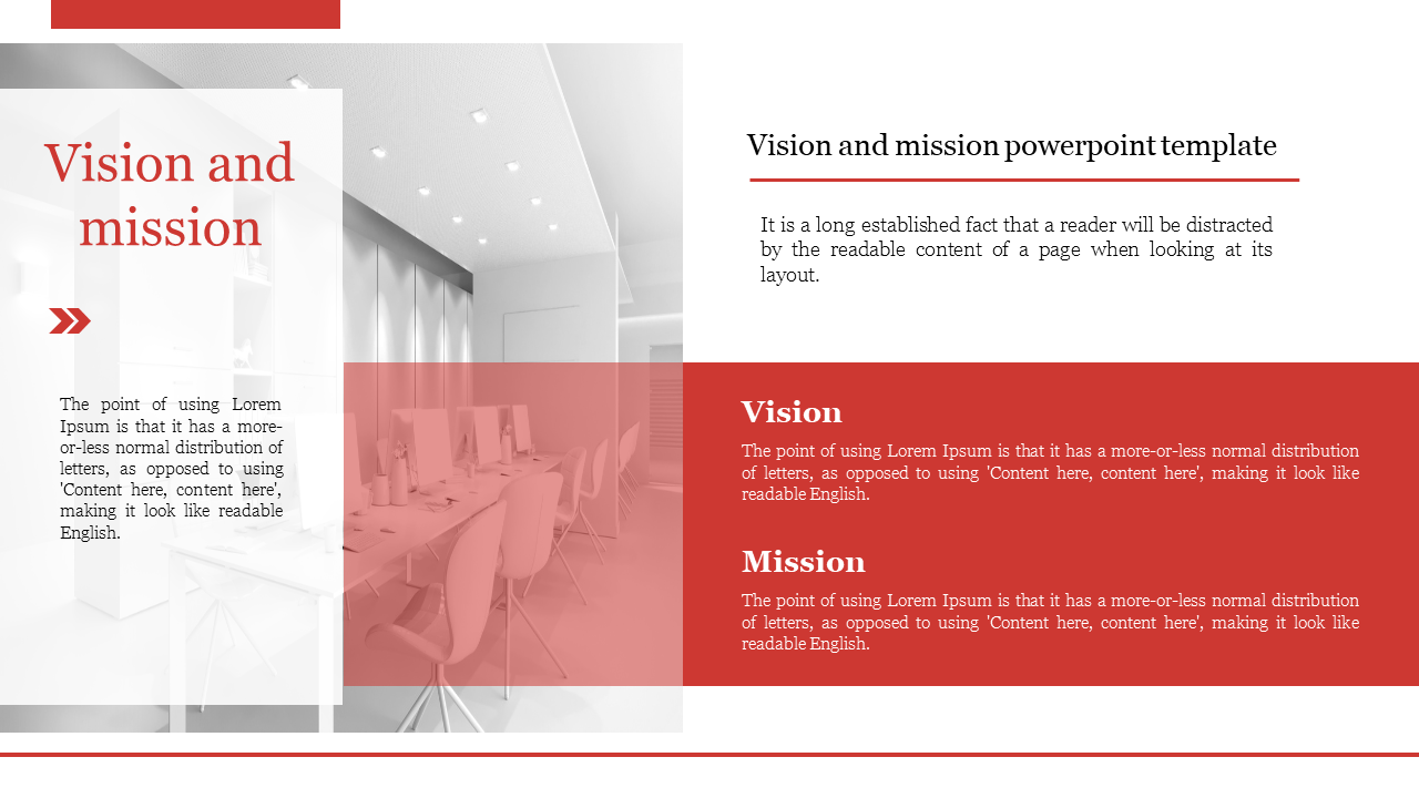 Showcase your vision and mission with this clean, minimalist template, featuring a red overlay and caption areas.