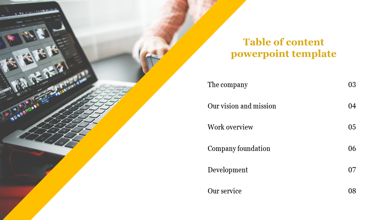 Table of contents slide with topics listed on a white background, next to a laptop image, separated by a yellow line.