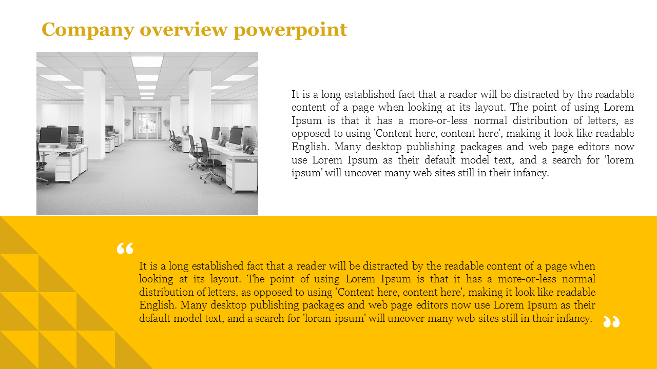 Office workspace with computers and desks, featuring a company overview PowerPoint slide and a Lorem Ipsum text block.