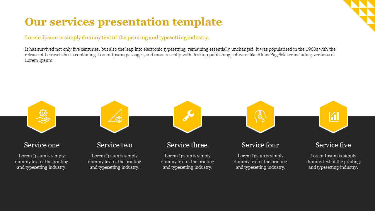 Service presentation slide featuring five yellow hexagon icons with corresponding captions, on a dark gray background.