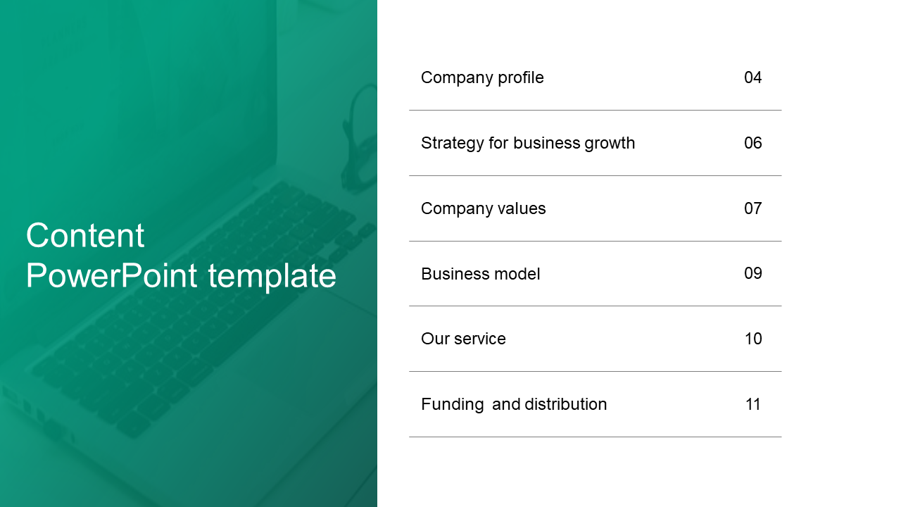 Content PowerPoint template with a laptop background and a list of sections including company profile, strategy, and service.