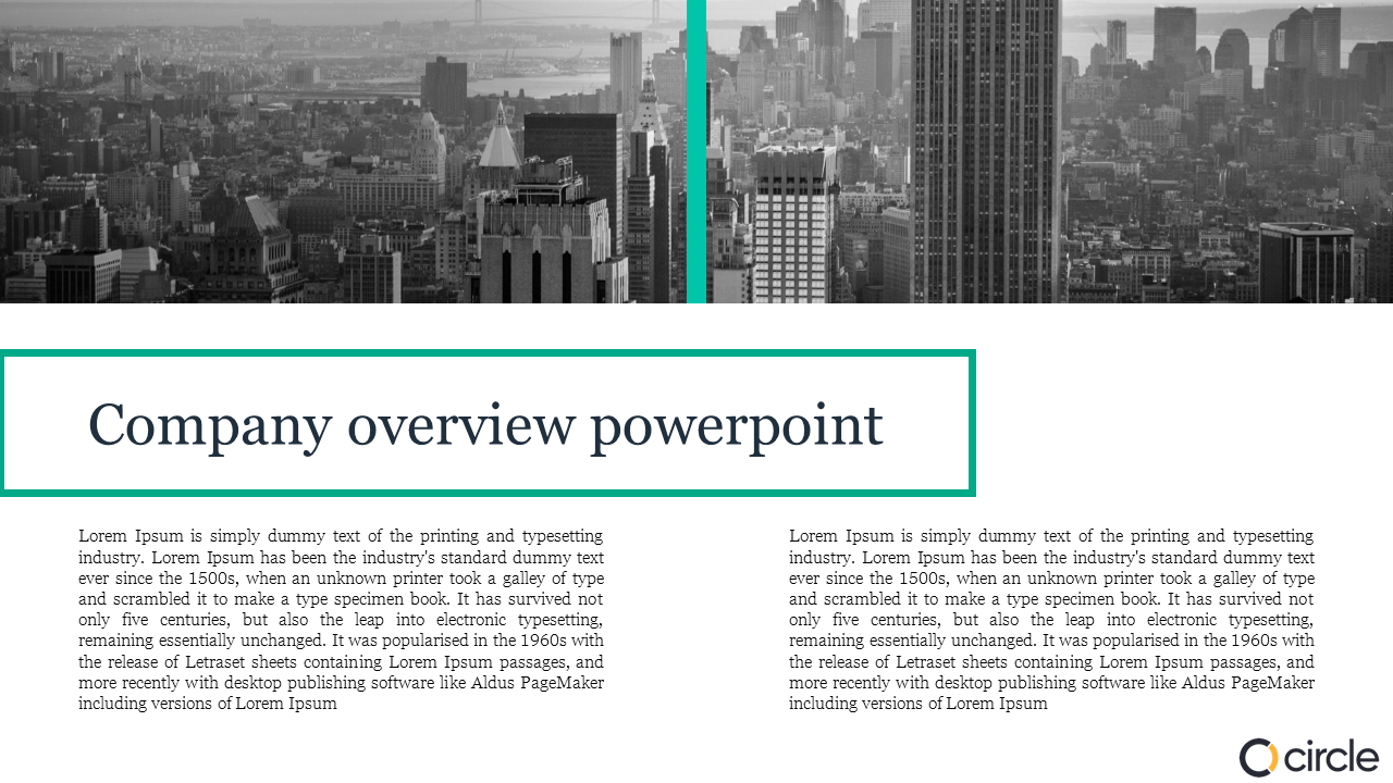 Company overview PowerPoint slide with a black and white cityscape background and Lorem Ipsum text as a placeholder.