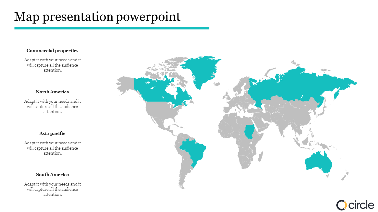 Gray geographical map with highlighted regions in teal, labeled with four captions on the left.