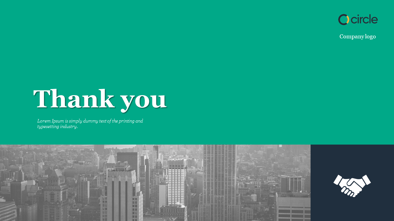 Thank you slide with a green background, cityscape image, and a handshake icon, accompanied by placeholder text.