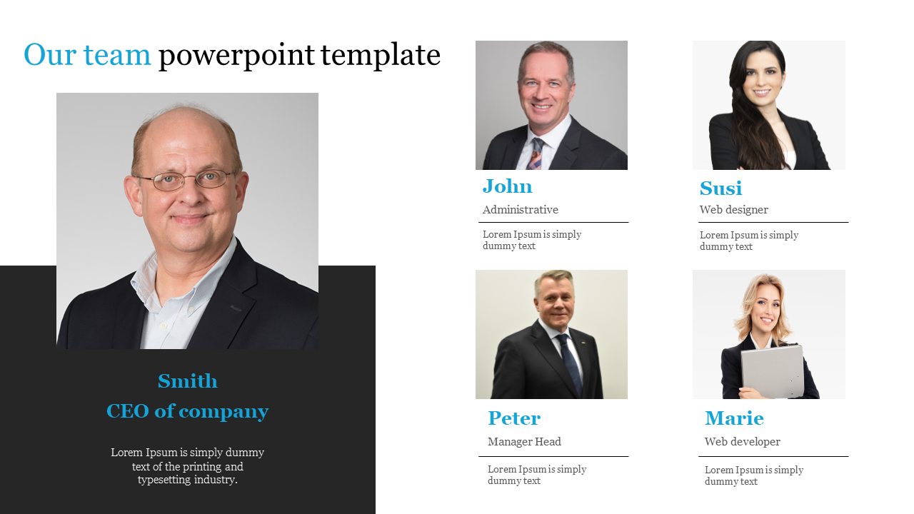 Team slide with professional portraits of five individuals and their roles in the company, with blue accents.