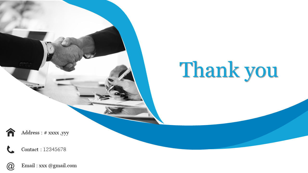 Thank you slide with a blue wave design, featuring a black-and-white handshake image in the corner and contact details.