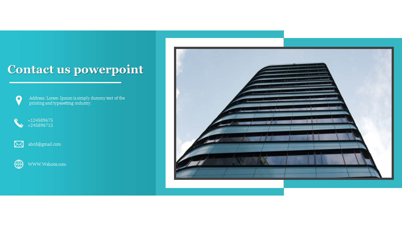 Contact us PowerPoint slide with address, phone numbers, email, website, and a modern office building image.