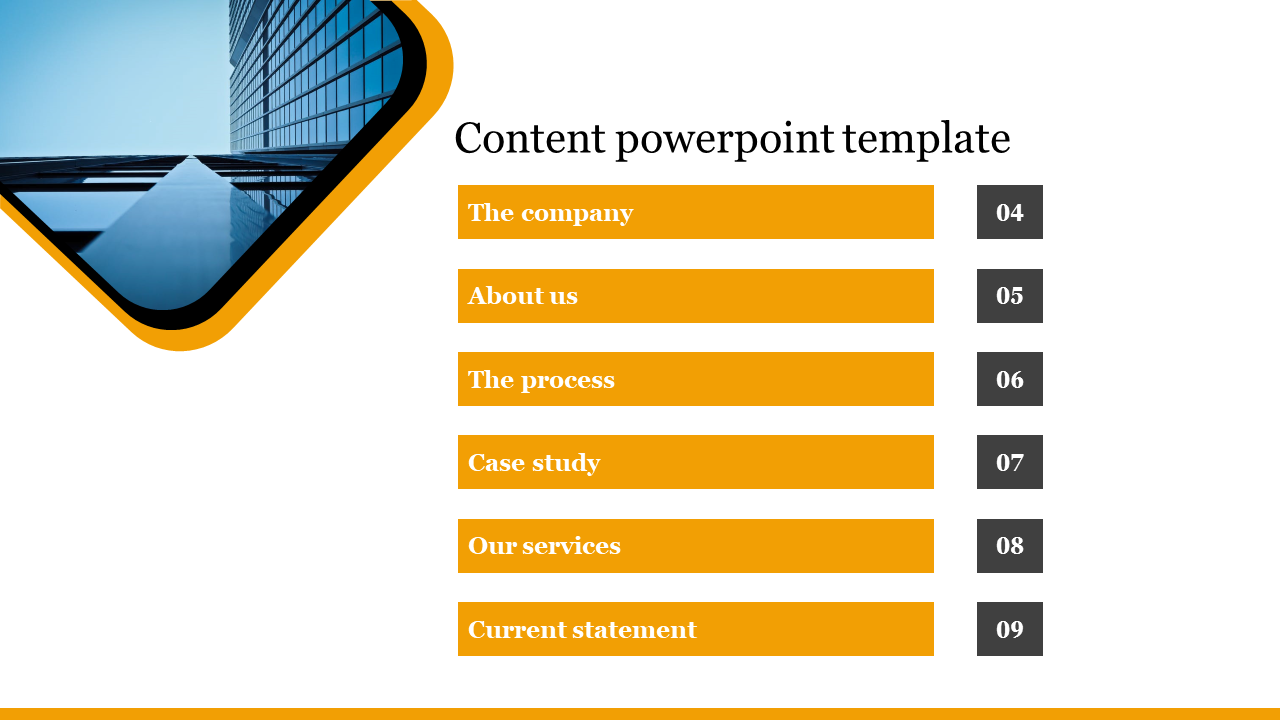 Content PowerPoint template with a building image on the left and a list of sections on the right.