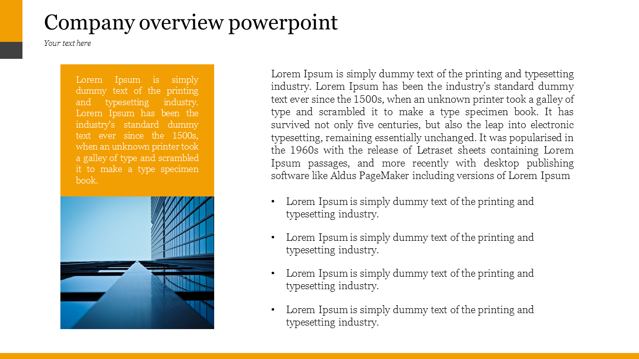 Company overview slide with orange text box and an image of a modern building with caption areas in white backdrop.