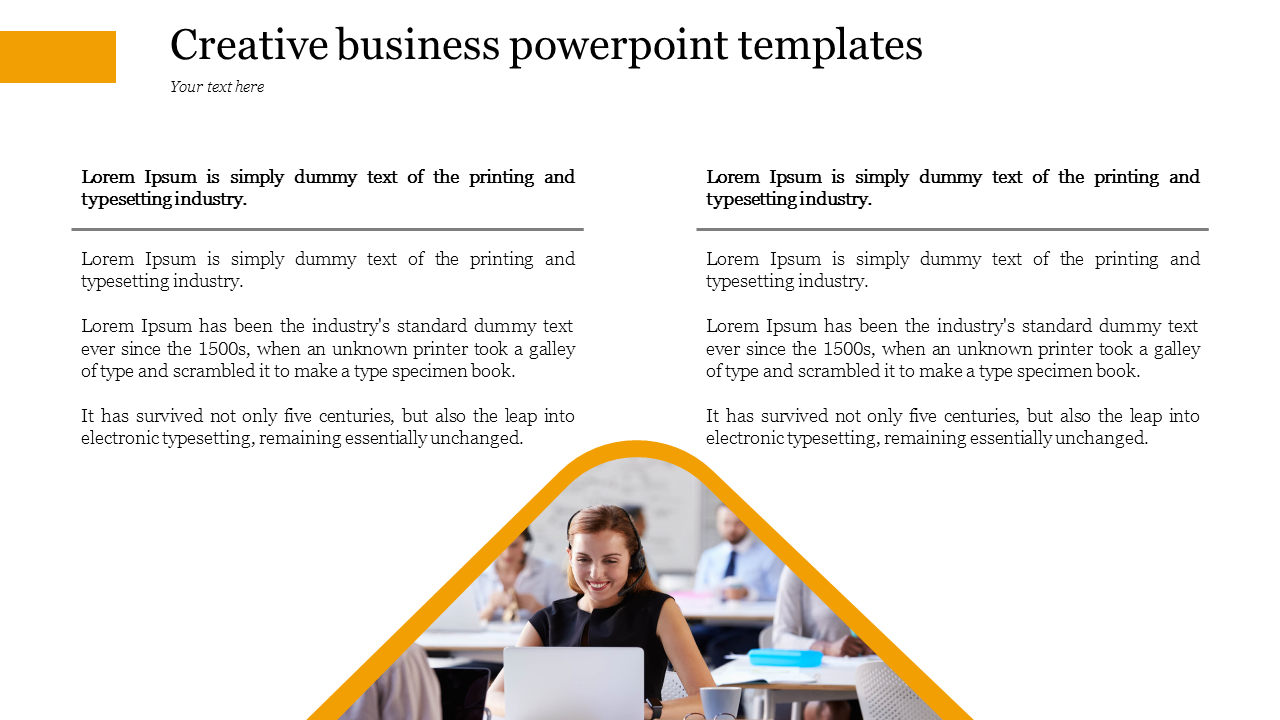 Creative business PowerPoint template with a woman working on a laptop, surrounded by placeholder text sections.