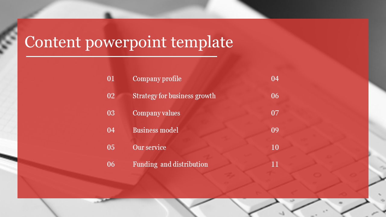 Content PowerPoint template with a red background and text listing company profile, business strategies, and services.