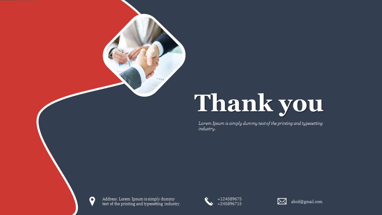 Thank you slide in dark blue and red design, with a handshake image in diamond frame, and contact information at the bottom.