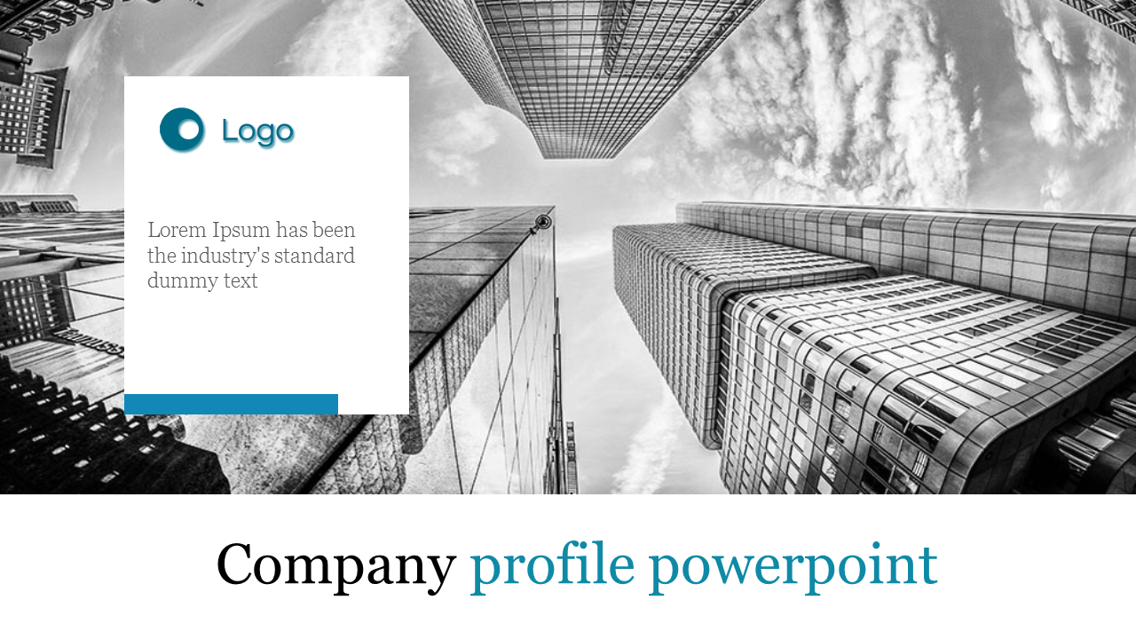 Company profile PowerPoint slide featuring a skyscraper image and space for logo and text.