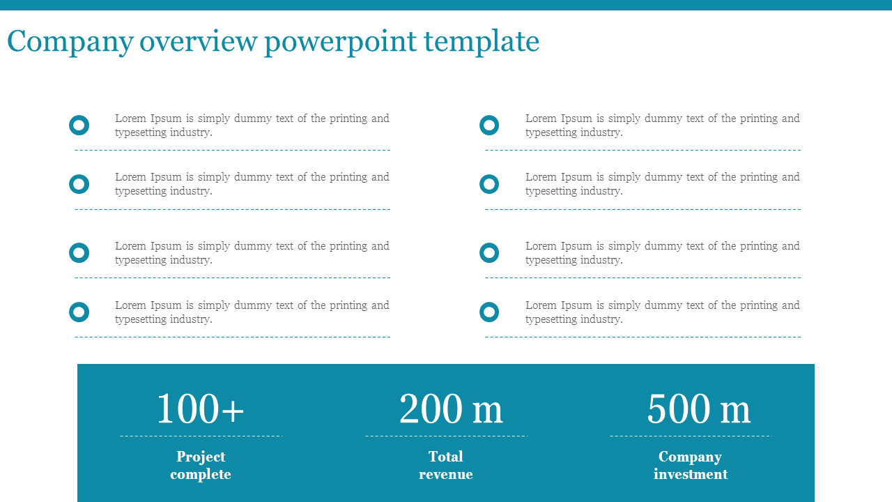 Professional company overview slide with sections for key points and company metrics, organized in a two-column layout.