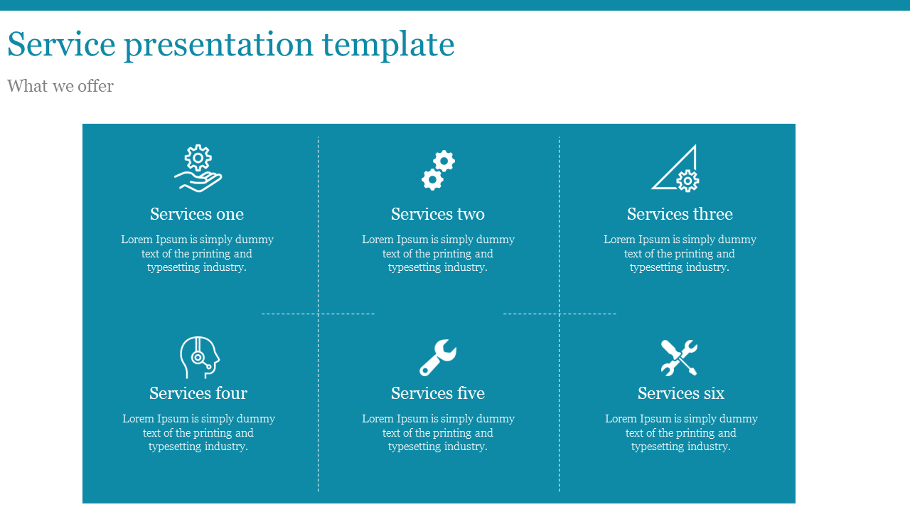 Slide featuring six sections with icons representing different services, set against a blue background.